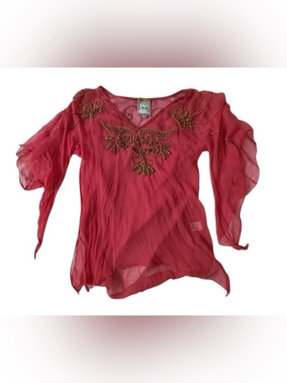 Yoana Baraschi Sheer Coral-Red Embroidered Tunic
